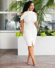 Vestido para mujer de moda grande con cuentas de burbujas blanco sin mangas cintura media