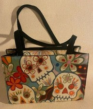 Bolso de Mano para Mujer, Estilo Día de Muertos Estampado Calavera y Flores, Tela Acolchada