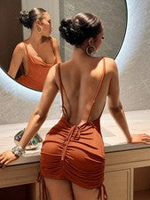"Vestido de tirantes de verano con escote drapeado, diseño sin espalda, cordón y"