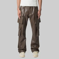 Pantalones cargo de cuero marrón oscuro para hombre - calidad premium multi bolsillo estilo callejero