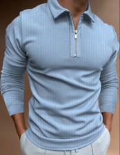 ⭐Polo Hombre Cremalera Cuello Manga Larga Azul Claro Moda Rayas Camiseta