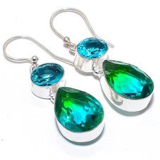 Turmalina bicolor, topacio azul 925 pendiente de joyería de plata esterlina 1,8"