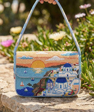 Bolso de Hombro Santorini Hecho a Mano con Cuentas Isla Griega Puesta de Sol Cartera Costera Nuevo