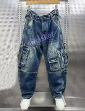 Nuevo Mono suelto de mezclilla de moda para hombre Pantalones cargo Bolsillos Jeans Pantalones rectos