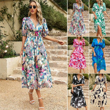 Vestido para mujer Verano Moda Temperamento Cintura Cuello en V Chifón Estampado Vestido