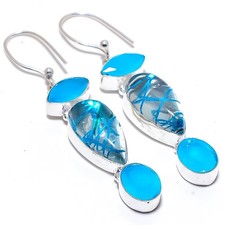 Cuarzo rutilo azul, piedras preciosas de ónix 925 pendientes de joyería de pl...