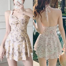 Elegante y conservador cuello halter traje de baño mujer cintura alta vestido de playa