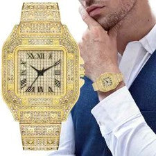 RELOJ CUADRADO PULSERA DIAMANTE SIMULADO CHAPADO EN ORO HELADO DE LUJO PARA HOMBRE