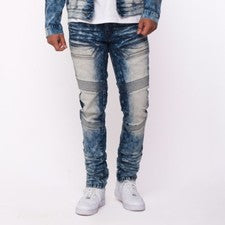 Pantalones de mezclilla elásticos de motociclista de moda para hombre tiro humo cremallera bolsillo en el muslo