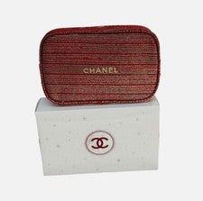Chanel Beaute Nuevo en Caja GWP Rojo Dorado Tweed Logo Cremallera A Través Estuche Cosmético Bolsa