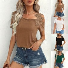 Camiseta informal de moda para mujer con cuello diagonal y diseño de retazos de flores