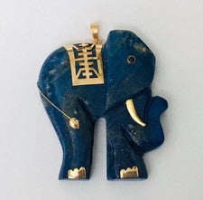 Increíble Elefante Lapislázuli Azul Extra Grande con Colgante de Oro Sólido 14K NUEVO