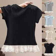 Moda Mujer Encaje Manga Corta Cuello Redondo Camiseta para Ocio Tops S a XXL