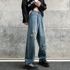 Pantalones de mezclilla rectos sueltos bordados vintage lavados de moda para hombre