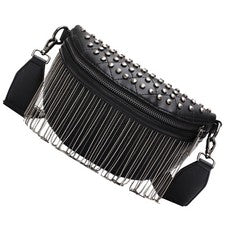 Mujeres Bolso de Pecho Negro PU Remache Tachonado Elegante Borla Bolso de Hombro Cartera