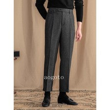 Moda Invierno Retro Lana Británica Pantalones Occidentales Hombres Pierna Recta Informales Pantalones