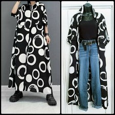 Vestido largo suelto manga corta de moda estampado de círculos blanco negro para mujer OS