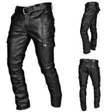 Pantalones cargo negros de cuero genuino para hombre - 6 bolsillos calce ajustado estilo utilitario de motociclista
