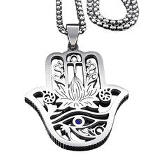 Collar Hamsa Mano Loto - Colgante Ojo de Horus Acero Inoxidable, Plata 1089