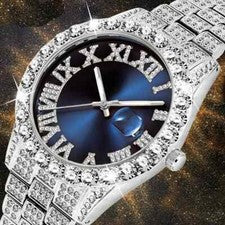 Reloj Hip Hop Iced Bling acabado plateado rapero esfera azul metal diamante simulado