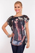 Camiseta para mujer NUEVA YORK estampado cuello de barco manga corta tallas 8-12 FHB16