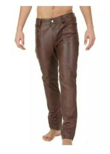 Pantalones de mezclilla de cuero genuino para hombre estilo 5 bolsillos moto marrón pantalones nuevos