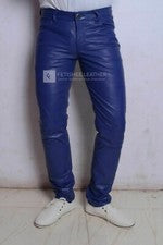 Pantalones azules de cuero de oveja genuino para hombre estilo vaquero clásico para hombre calce ajustado regular