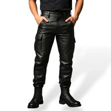 Pantalón negro de cuero de vaca genuino para hombre con bolsillos estilo cargo