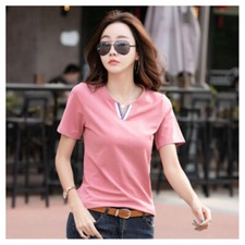 Camisa de mujer de verano simple con cuello en V manga corta ajustada
