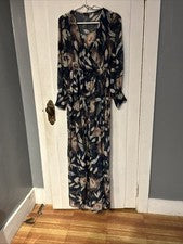 Maxi Vestido Transparente Moda Nova Para Mujer Azul Marino Floral Manga Larga con Mini Forro, Pequeño