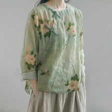 Camisa estilo chino algodón lino torso floral para mujer blusa retro suelta camiseta
