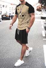 Hombre Moda Stripe Picas Póquer Manga Corta Camiseta Marrón Pantalones Corto SET