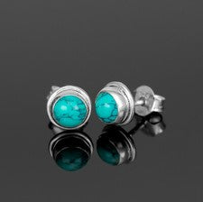 Hermosos Pendientes Redondos Turquesa Plata de Ley 925 Tachuelas Piedras Preciosas Regalo en Caja