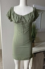 Sexy Mini Vestido MODA NOVA Para Mujer Verde Oliva Calado Fuera del Hombro Talla M