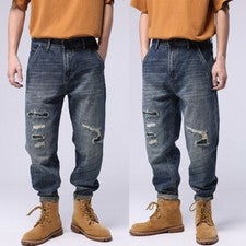 Moda Para Hombres Denim Rasgado Recto Pantalones Sueltos Retro Jeans Pantalones Informales Pantalón
