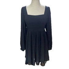 Mini Vestido Para Mujer Negro Talla US 4 Manga Larga Abullonada Plisado Preppy Coqueta NUEVO