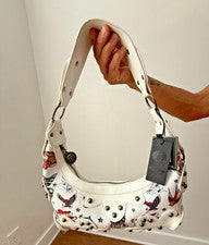 Bolso de Hombro Hobo Ed Hardy Nuevo con Etiquetas Blanco Estampado de Tatuaje Tachonado