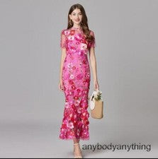 Vestido de noche de sirena paquete de cadera bordado flores 3D de malla de moda para mujer