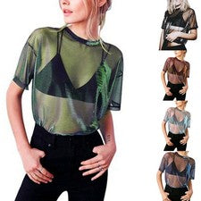 Moda y Sexy Para Mujer Brillante Malla Transparente Top Camiseta Informal Blusa Camiseta