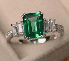 NUEVO ANILLO DE COMPROMISO CLÁSICO DE PLATA CON COLOR ESMERALDA VERDE VENTA TODAS LAS TALLAS