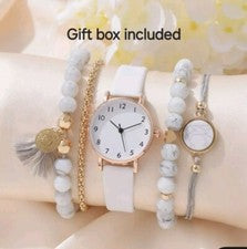Juego de reloj y pulsera, blanco y oro. Juego de 5 piezas. Caja de regalo INCLUIDA