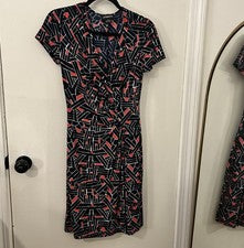 Vestido Liz Claiborne Para Mujer Imitación Envolvente Talla 4 Azul Marino Coral Estampado Abstracto NUEVO CON ETIQUETAS 