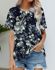 Blusa Camisetas Mujer Azul Oscuro Flor Floral Gráfico Moda Manga Corta Sedoso