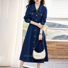 Moda Para Mujer Denim Botón Línea A Vestido Manga Larga Cinturón Coreano Jean Vestido