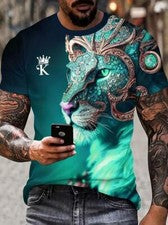 Hombre Camiseta Moda Abstracto Verde León Cabeza Casual Manga Corta Novedad Moda