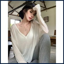 Camiseta de manga larga Thin Perspective para mujer verano suelta informal coreana.