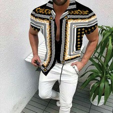 Camisas Botones Hombres Barroco Negro Oro Moda Manga Corta Vestido Camiseta