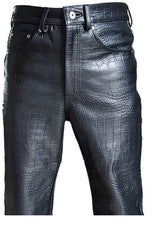 Pantalones de montar de motociclista estilo 501 con estampado de cocodrilo de cuero genuino negros para hombre
