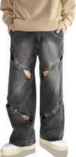 Pantalones de mezclilla holgados relajados a presión con calavera negra para hombre talla 36 pierna recta nuevos