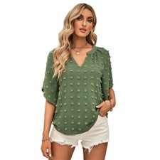 Camisetas con cuentas cuello en V Prendas para el torso para mujer Color liso Moda Informal Camiseta para mujer